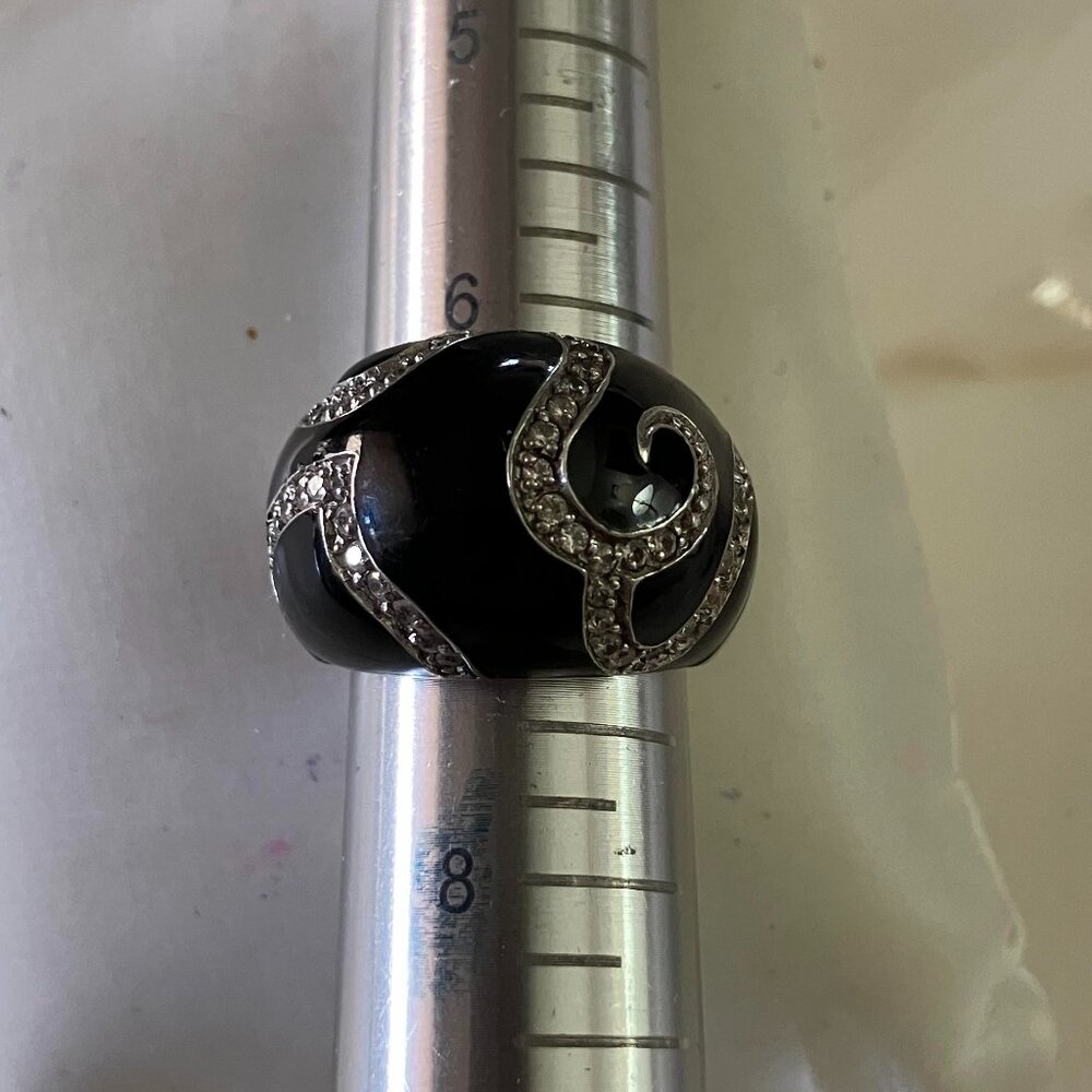 Vintage ACT black enamel and CZ gems in domed sterling silver ring